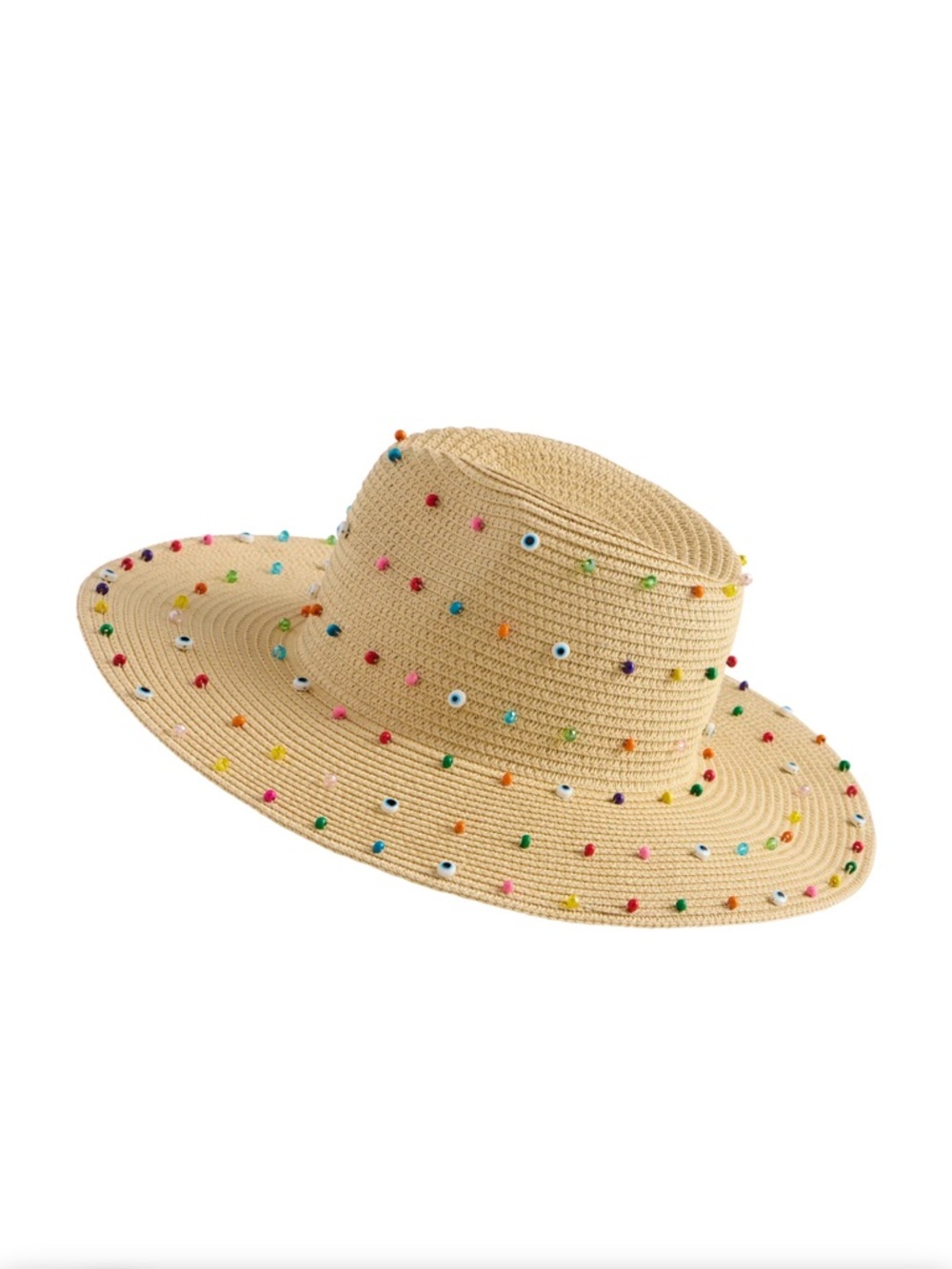 Beige Straw Sun Hat with Multicolor Beads